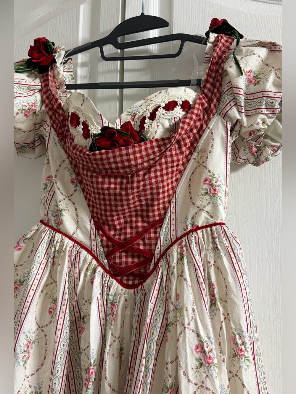 Women's Red & Cream Floral Peasant Robe with Gingham Bodice